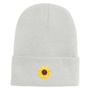 Cute Daisy Flower Embroidered Iron On Patched 12 Inch Long Knitted Beanie - White OSFM