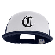Old English Black C Patched Flat Bill Trucker Snapback Cap - White Navy OSFM