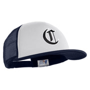 Old English Black C Patched Flat Bill Trucker Snapback Cap - White Navy OSFM
