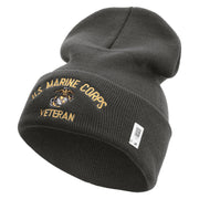 US Marine Corps Veteran Logo Embroidered 12 Inch Solid Knit Cuff Long Beanie Made in USA - Charcoal OSFM