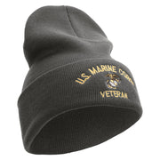 US Marine Corps Veteran Logo Embroidered 12 Inch Solid Knit Cuff Long Beanie Made in USA - Charcoal OSFM