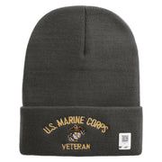 US Marine Corps Veteran Logo Embroidered 12 Inch Solid Knit Cuff Long Beanie Made in USA - Charcoal OSFM