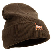 Striped Cat Icon Embroidered Fleece Lined Cuff Beanie - Olive OSFM