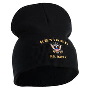 Retired US Navy Symbol Embroidered 8 Inch Knit Short Beanie Made in USA - Black OSFM