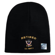 Retired US Navy Symbol Embroidered 8 Inch Knit Short Beanie Made in USA - Black OSFM