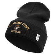 US Marine Corps Veteran Logo Embroidered 12 Inch Solid Knit Cuff Long Beanie Made in USA - Black OSFM