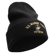 US Marine Corps Veteran Logo Embroidered 12 Inch Solid Knit Cuff Long Beanie Made in USA - Black OSFM