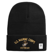 US Marine Corps Veteran Logo Embroidered 12 Inch Solid Knit Cuff Long Beanie Made in USA - Black OSFM