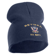 Retired US Navy Symbol Embroidered 8 Inch Knit Short Beanie Made in USA - Navy OSFM