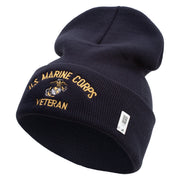 US Marine Corps Veteran Logo Embroidered 12 Inch Solid Knit Cuff Long Beanie Made in USA - Navy OSFM