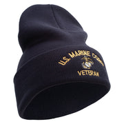US Marine Corps Veteran Logo Embroidered 12 Inch Solid Knit Cuff Long Beanie Made in USA - Navy OSFM