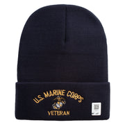 US Marine Corps Veteran Logo Embroidered 12 Inch Solid Knit Cuff Long Beanie Made in USA - Navy OSFM