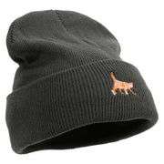 Striped Cat Icon Embroidered Fleece Lined Cuff Beanie - Charcoal OSFM