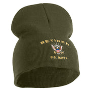 Retired US Navy Symbol Embroidered 8 Inch Knit Short Beanie Made in USA - Olive OSFM