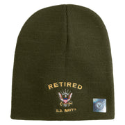 Retired US Navy Symbol Embroidered 8 Inch Knit Short Beanie Made in USA - Olive OSFM