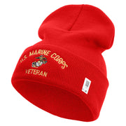 US Marine Corps Veteran Logo Embroidered 12 Inch Solid Knit Cuff Long Beanie Made in USA - Red OSFM