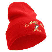 US Marine Corps Veteran Logo Embroidered 12 Inch Solid Knit Cuff Long Beanie Made in USA - Red OSFM