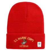 US Marine Corps Veteran Logo Embroidered 12 Inch Solid Knit Cuff Long Beanie Made in USA - Red OSFM