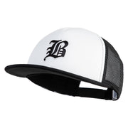 Old English Black B Patched Flat Bill Trucker Snapback Cap - White Black OSFM