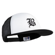 Old English Black B Patched Flat Bill Trucker Snapback Cap - White Black OSFM