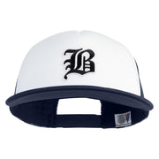 Old English Black B Patched Flat Bill Trucker Snapback Cap - White Navy OSFM