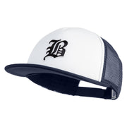 Old English Black B Patched Flat Bill Trucker Snapback Cap - White Navy OSFM