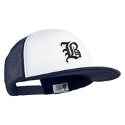 Old English Black B Patched Flat Bill Trucker Snapback Cap - White Navy OSFM