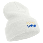 Made in USA Happiness Comes in Waves Embroidered Heavy Ribbed Cuff Beanie - White OSFM