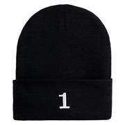 White No. 1 Iron On Glue Patched 12 Inch Long Knitted Beanie - Black OSFM