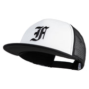 Old English Black F Patched Flat Bill Trucker Snapback Cap - White Black OSFM