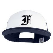 Old English Black F Patched Flat Bill Trucker Snapback Cap - White Navy OSFM