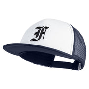 Old English Black F Patched Flat Bill Trucker Snapback Cap - White Navy OSFM