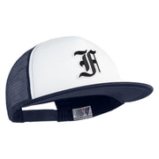 Old English Black F Patched Flat Bill Trucker Snapback Cap - White Navy OSFM