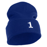 White No. 1 Iron On Glue Patched 12 Inch Long Knitted Beanie - Royal OSFM