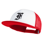 Old English Black F Patched Flat Bill Trucker Snapback Cap - White Red OSFM