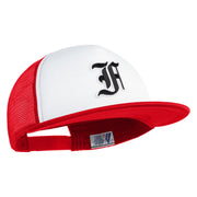 Old English Black F Patched Flat Bill Trucker Snapback Cap - White Red OSFM