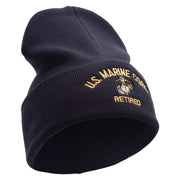 US Marine Corps Retired Logo Embroidered 12 Inch Solid Knit Cuff Long Beanie Made in USA - Navy OSFM