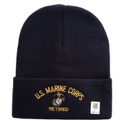 US Marine Corps Retired Logo Embroidered 12 Inch Solid Knit Cuff Long Beanie Made in USA - Navy OSFM