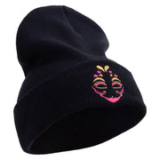 Mardi Gras Two Tone Mask Embroidered 12 Inch Long Knitted Beanie - Black OSFM