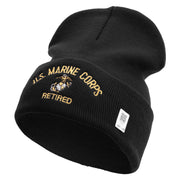 US Marine Corps Retired Logo Embroidered 12 Inch Solid Knit Cuff Long Beanie Made in USA - Black OSFM