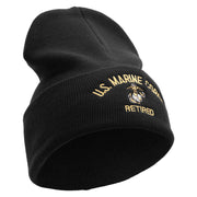 US Marine Corps Retired Logo Embroidered 12 Inch Solid Knit Cuff Long Beanie Made in USA - Black OSFM