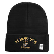US Marine Corps Retired Logo Embroidered 12 Inch Solid Knit Cuff Long Beanie Made in USA - Black OSFM