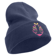 Mardi Gras Two Tone Mask Embroidered 12 Inch Long Knitted Beanie - Navy OSFM