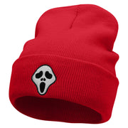 Scary Face Mask Embroidered 12 Inch Long Knitted Beanie - Red OSFM