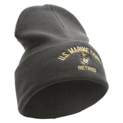 US Marine Corps Retired Logo Embroidered 12 Inch Solid Knit Cuff Long Beanie Made in USA - Charcoal OSFM
