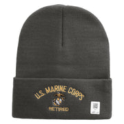 US Marine Corps Retired Logo Embroidered 12 Inch Solid Knit Cuff Long Beanie Made in USA - Charcoal OSFM