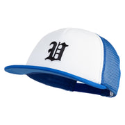 Old English Black V Patched Flat Bill Trucker Snapback Cap - White Royal OSFM