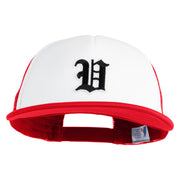 Old English Black V Patched Flat Bill Trucker Snapback Cap - White Red OSFM