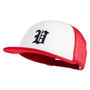 Old English Black V Patched Flat Bill Trucker Snapback Cap - White Red OSFM