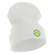 Pickleball Balls Embroidered Iron on Patched 12 Inch Long Knitted Beanie - White OSFM